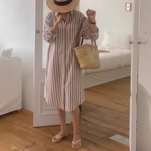 韩国chic秋季新款法式复古彩色条纹宽松衬衣连衣裙女韩系中长裙子