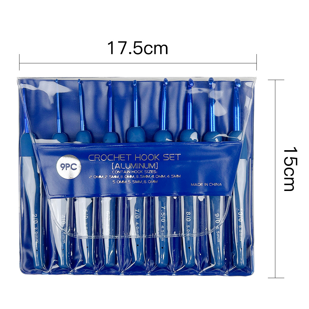 Traje transfronterizo crochet TPR silicona aluminio crochet mango azul plástico recubierto de aluminio crochet conjunto completo 9 piezas de embalaje de PVC