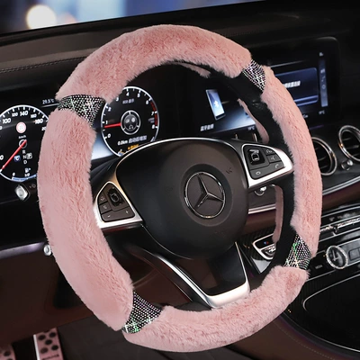 plush warm headrest waist pillow | Sürətlər qutusu və əl tormozu başlıqları - four-section-colored-diamond-pink-wool-steering-wheel-cover