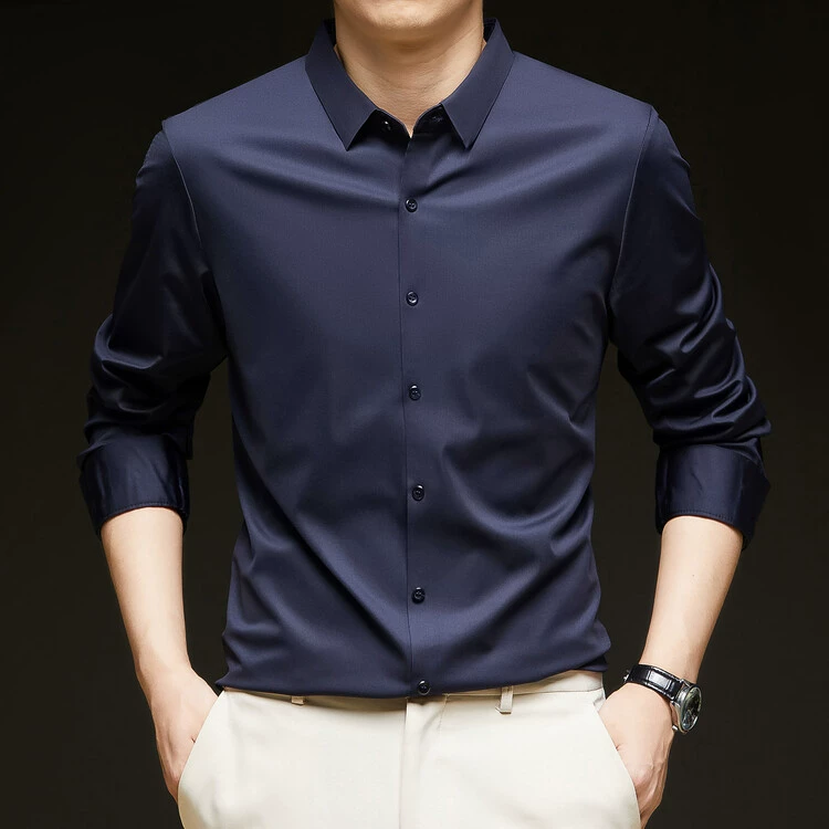 Весенние и осенние мужские рубашки с длинными рукавами, против морщин, без глажки, профессиональная официальная одежда, модные деловые рубашки из ледяного шелка, черные дюймы.