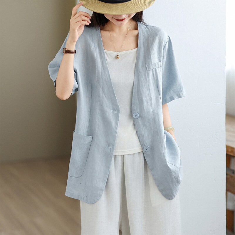 Real Shot of a Vintage-Style Solid Cotton-Linen Short-Sleeve Blazer for Women, Summer Single-Breasted Cardigan Outerwear in Hemp Blue Real Shot of a Vintage-Style Solid Cotton-Linen Short-Sleeve Blazer for Women, Summer Single-Breasted Cardigan Outerwear in Hemp Blue