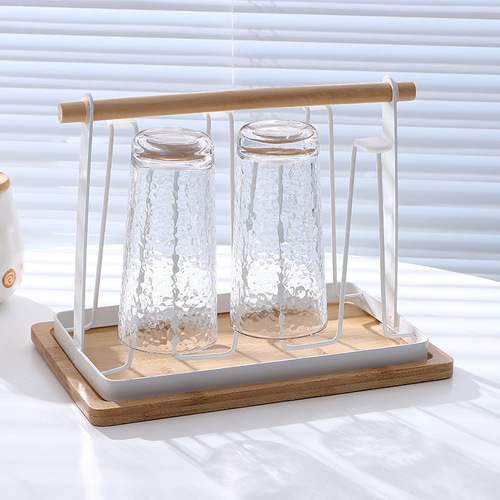 Japanese-style iron draining cup rack, household wooden-handled cup holder with tray, cup stand, kitchen cupware storage and display rack