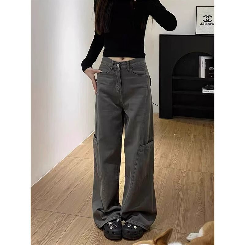 Gray Curved Hem Pants, High-Waisted Jeans, 2025 New Petite Wide-Leg Pants, Trendy Slimming Women's