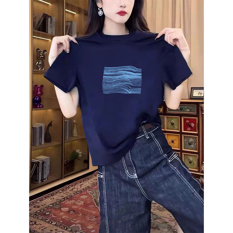 2026 New Style Pure Cotton Short-Sleeve T-Shirt for Women, Fashionable and Versatile, Navy Blue Round Neck Top for Summer