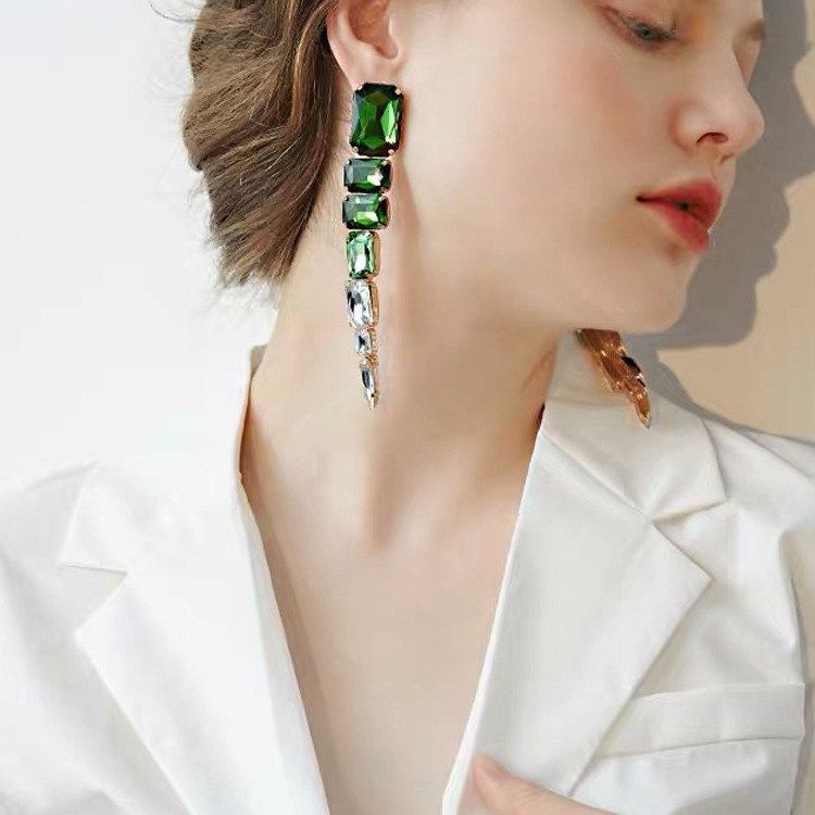 50g Weight Artificial Gemstones Inlay Material Earrings Classification Alloy Material Water Droplets Pattern Women'S Gender Plating Design Fashion Style White, Pink, Green Color Fashion Inlay Glass Rhinestone Geometric Gem Long Alloy Earrings 2