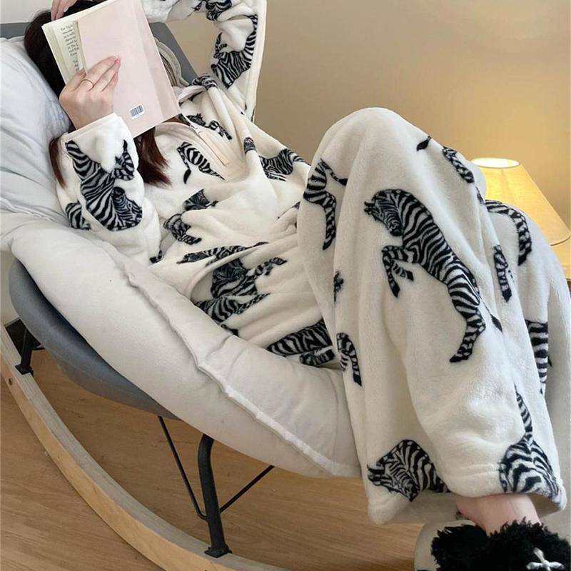 法式轻奢斑马印花法兰绒睡衣秋冬季女士加厚珊瑚绒家居服套装大码|undefined