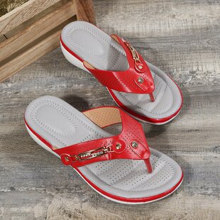 2024 new summer metal buckle flip-flops wedge beach sandals wedge foreign trade women's casual sandals
