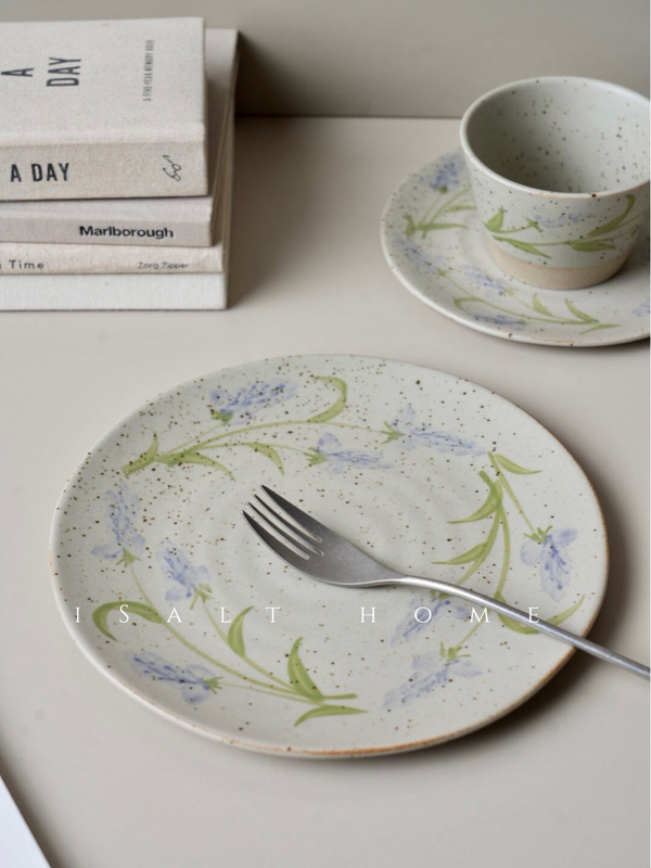 Handmade Lavender Plate. Rustic Ceramic Blue and White Breakfast Plate, Dessert Plate, Snack Plate, Household Dish Plate, Vintage/Denmark-Made