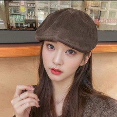 2025新款麂皮绒前进帽女秋冬百搭大头围贝雷帽显脸小反戴画家帽子