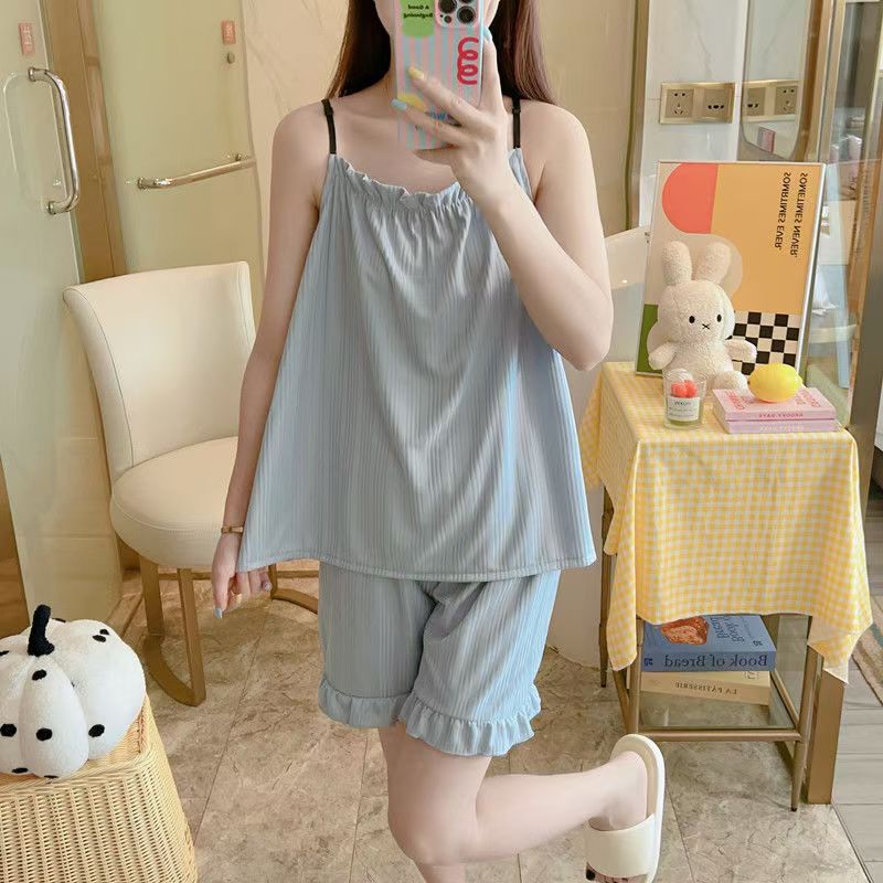 クロスボーダー起爆ストラップショートパンツ2点セットパジャマ女性夏の甘いセクシーな夏の薄い学生の家の服|undefined
