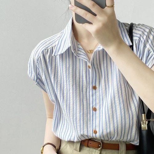 French Striped Chic Short-Sleeve Blouse Women's 2025 Summer New Unique High-End Minority Shirt