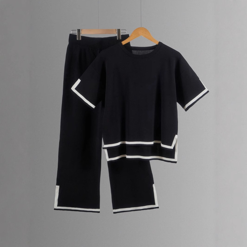 Fashion cross-border Amazon new knitted suit sweater suit short sleeve pullover wide leg pants
