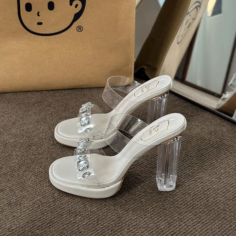 Прозрачные тапочки, женская верхняя одежда, новая летняя Водонепроницаемая настольная обувь со стразами на высоком каблуке и хрустальном каблуке на толстом каблуке