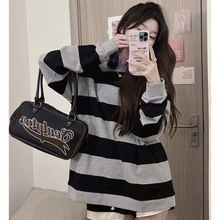 20259105# 实拍 实价 大鱼鳞 秋装复古条纹卫衣女宽松大版中长款