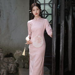 粉色中式長款日常改良旗袍年輕款少女中國風復古修身中長袖春秋裝