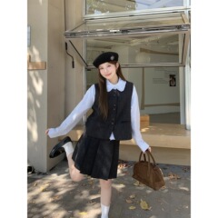 实拍~甜美复古马甲+叠穿荷叶领衬衣+高腰百褶裤裙三件套装女88466