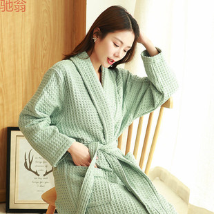 Q3Y Hotel Pure Cotton Bathrobe Autumn and Winter Thickeneded Double-Layer Waffle Gauze Bathrobe Lint-Free, Water-Absorbent and Quick-Drying for Men and Women