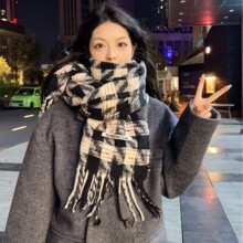 秋冬季复古千鸟格围巾 加厚保暖流苏围脖 韩系氛围感学生百搭披肩