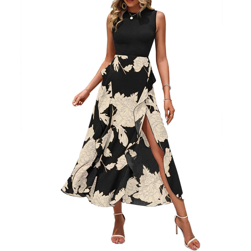 Real Shot of In-Stock Shein Cross-Border Independent Site 1688 Hot-Selling European and American Floral Round Neck Ruffle Sleeveless Dress