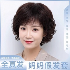 手织りの女性のショートヘアの完全な本物の髪の全头の中高年の女性のお母さんの自然な通気性の短いカールのかつら