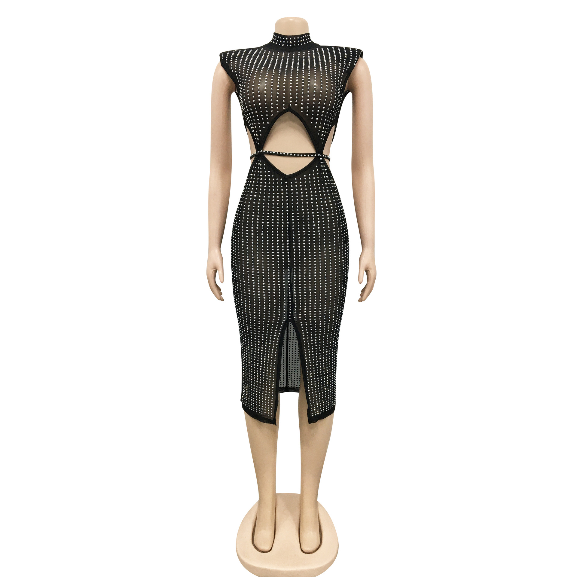 Sexy Mesh See through Rhinestone Hollow Out Cutout Split Dress Women Clothing