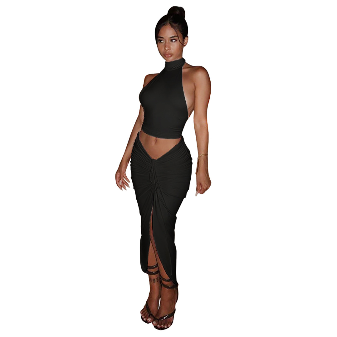Summer Women Clothing Solid Color round Neck Cropped Backless Top Drawstring Mid Length Dress Set