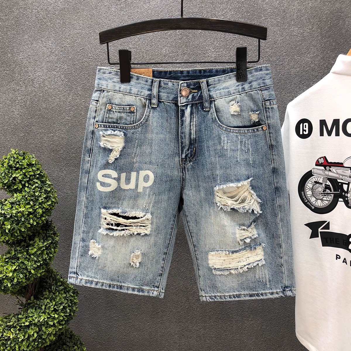 Men's Ripped Denim Shorts Summer Wear Resistant Light Colored Elastic Comfortable Casual Handsome Washed Retro Shorts_mkmklike.com