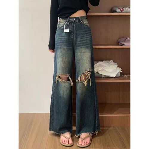 Retro Distressed Raw-edge Ripped Jeans for Women: High-waisted, Loose-fit, Wide-leg, Slimming Straight-cut Long Pants for Spring and Summer