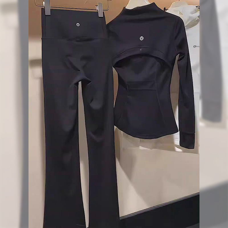 黑色时尚运动套装女士春秋跑步瑜伽服长袖修身显瘦上衣长裤两件套|undefined