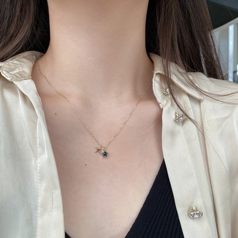 Fashion Star Starfish Sterling Silver Inlaid Zircon Necklace
