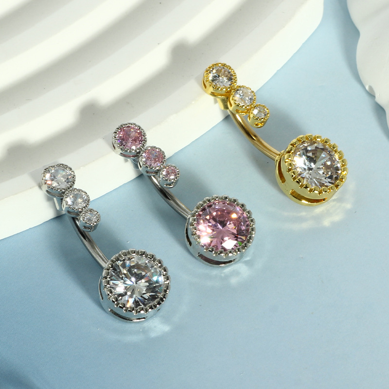 CZ Zircon Belly Button Ring Stainless Steel Round Navel Piercing Jewelry Rose Gold White detail image 5