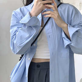 蓝色衬衫女春秋2024新款叠穿内搭法式设计感小众衬衣开衫外套上KJ