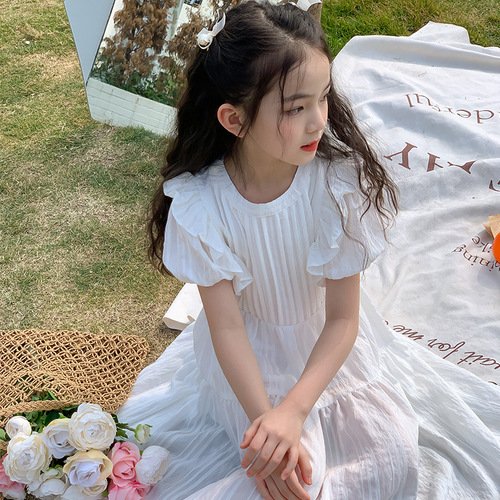 Girls' white dress  spring and summer new style medium and large children's parent-child wear temperament little fairy mid-length cake skirt