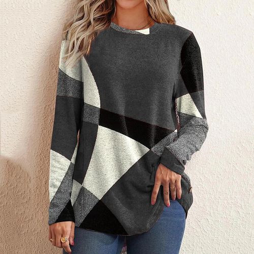 Cross-border Amazon European and American women's clothing 2024 autumn new fashion geometric pattern contrast color long-sleeved T-shirt women's clothing