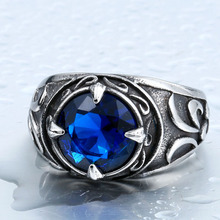 海义跨境欧美复古饰品批发 镶蓝宝石男士戒指 个性时尚流行指环