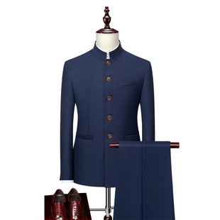 Men's Business Casual Suit Korean-style Solid Color Collar Single-breasted Suit Trousers Two-piece Set for Men