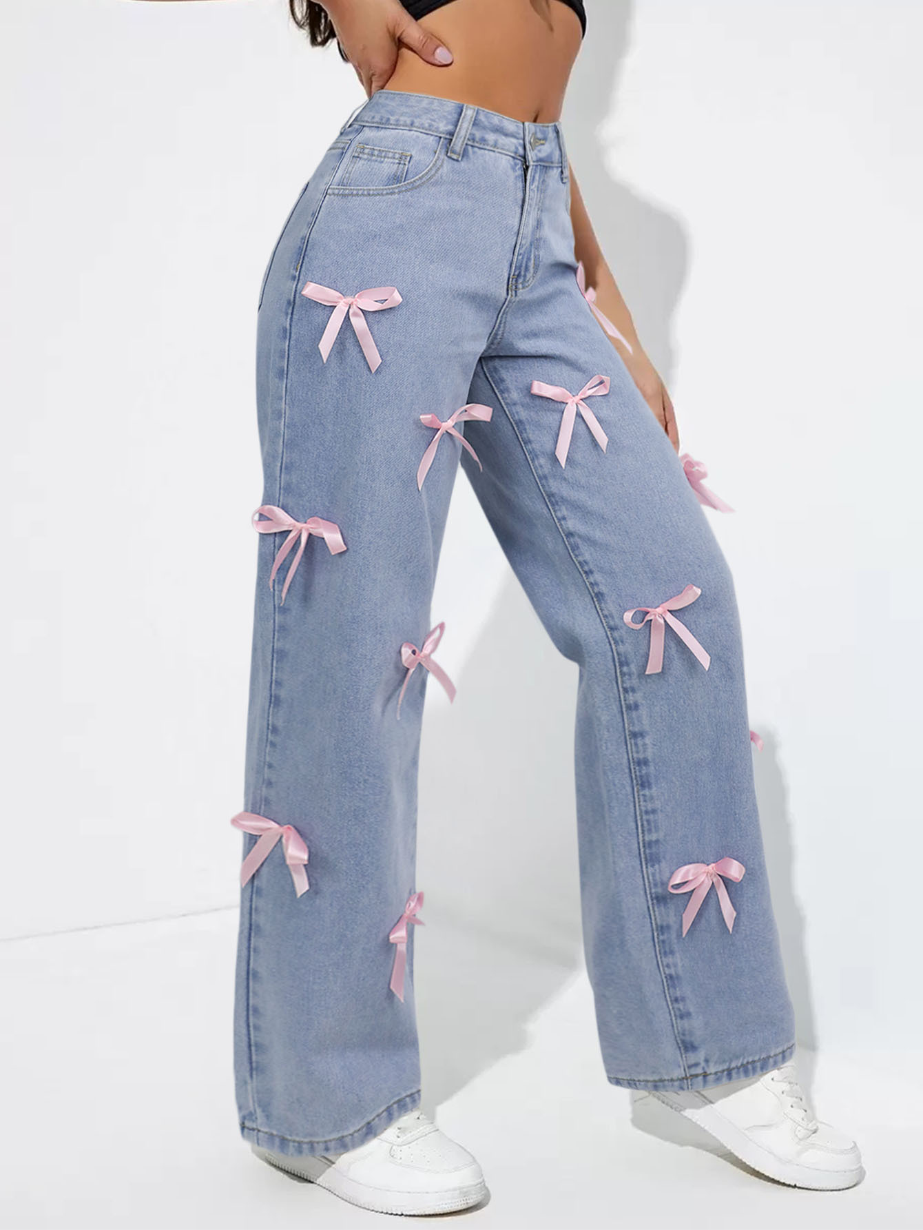 Women's Clothing High Waisted, Bow Tie Patchwork Wide Leg Jeans For Women, Y2K Style, Loose Fit._ecoleips.com
