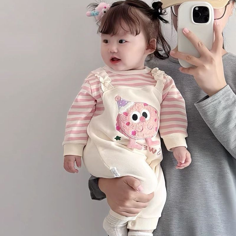 (现货)婴儿衣服秋季连体衣新生儿女卡通条纹假两件长袖哈衣爬服|undefined