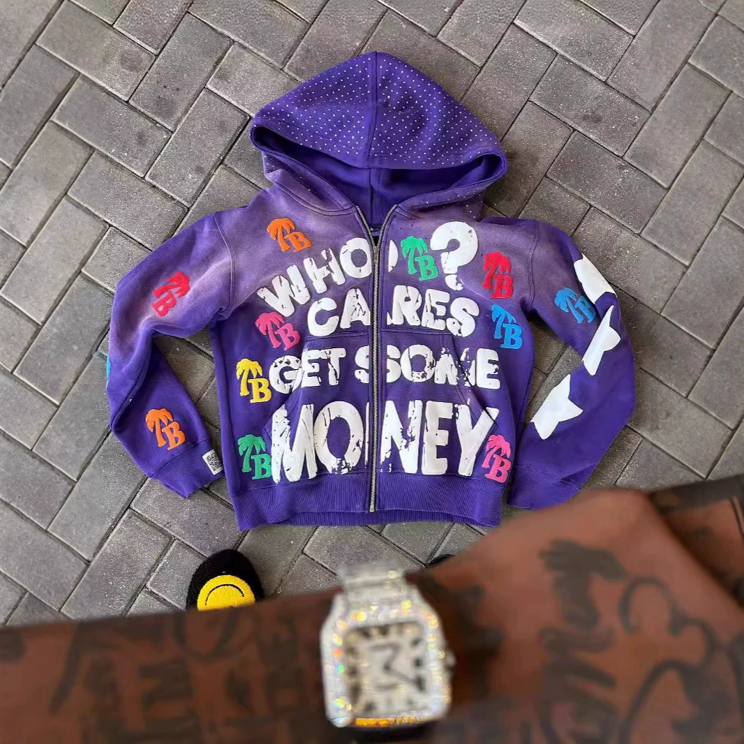 Мужской свободный худи с молнией, американский стиль 2025 года, с принтом из пенополиуретана, в ретро-стиле стрит-хип-хоп