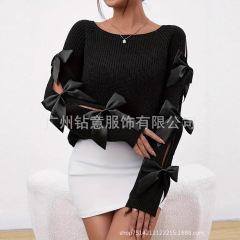 2025欧美跨境外贸新款女士优雅蝴蝶结装饰毛衣圆领长袖宽松套头衫