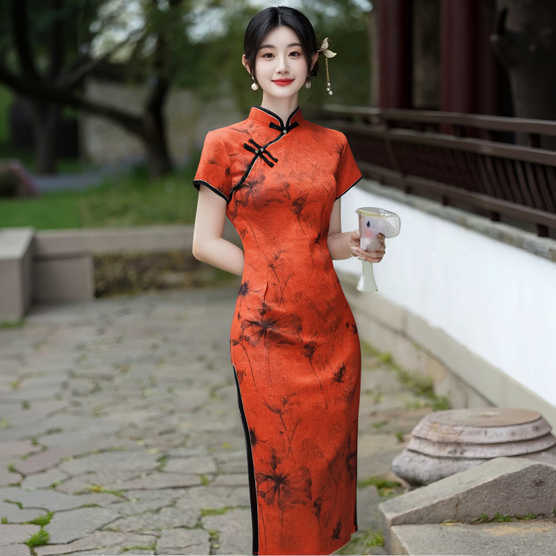 반팔롱치파오 [행운을 빌어요] - 브릭레드