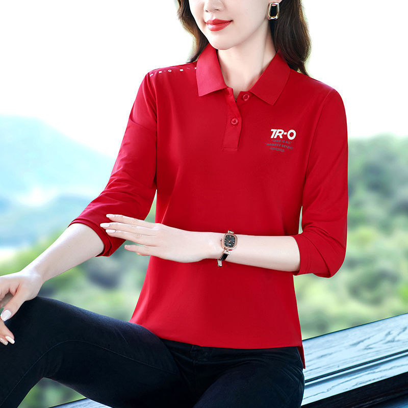 春秋季长袖印花t恤女薄款中年妈妈时尚休闲宽松显瘦遮肚翻领上衣