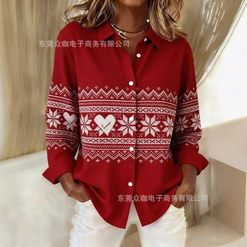 2025 Cross-Border New Style Christmas Pattern Long-Sleeved Lapel Women's Shirt 3D Digital Printing 2025 Cross-Border New Style Christmas Pattern Long-Sleeved Lapel Women's Shirt 3D Digital Printing