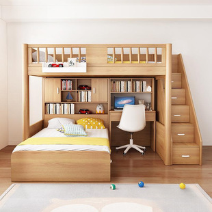 Staggered Upper and Lower Bed Children's High and Low Mother Bed Misplaced Space-saving Two-layer High Box with Wardrobe Upper Mai Taibao