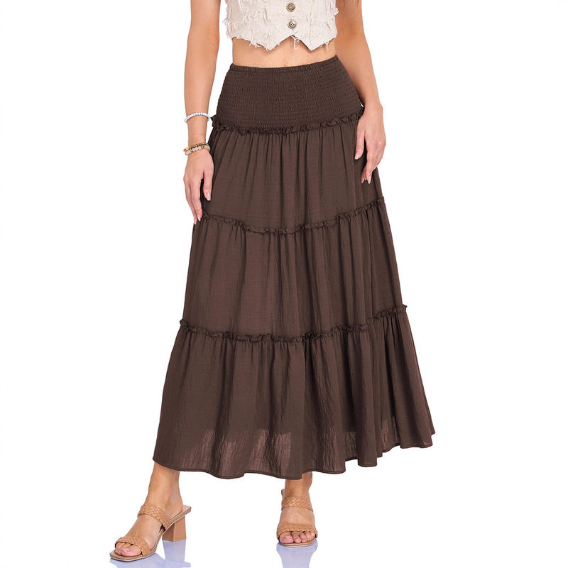 Amazon Foreign Trade Women's Waist-Cinching Skirt with Lining, European and American Three-Section Ruffled Cotton and Linen Long Skirt