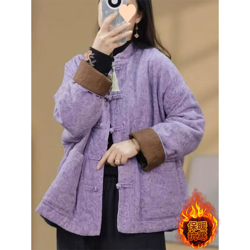 尾货复古禅意立领盘扣提花棉服女冬中式棉麻保暖外套