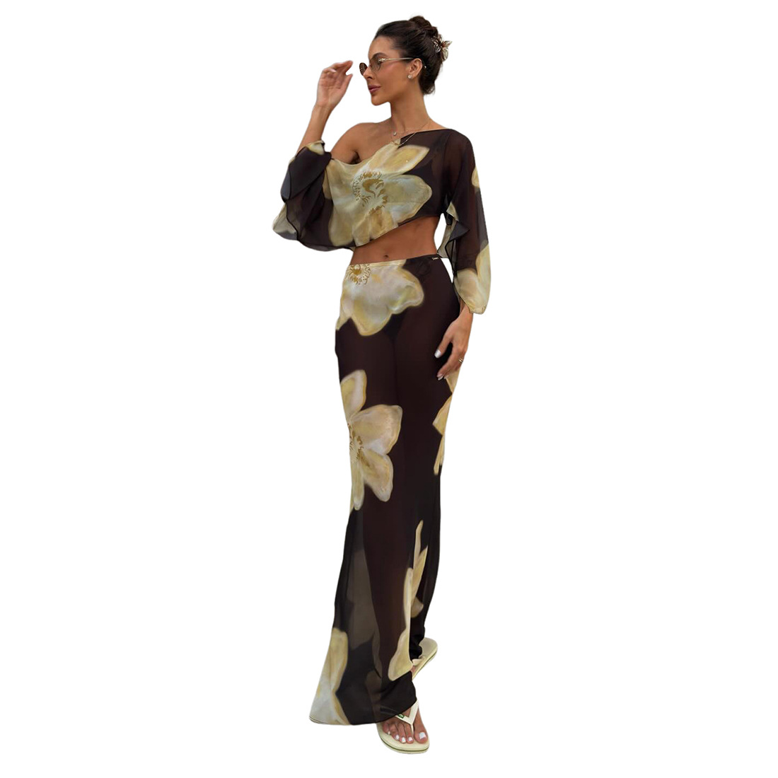 Europäisch-amerikanisches Damen-Set im Off-Shoulder-Crop-Top- und High-Waist-Printrock-Stil, Herbst/Winter, sexy mit Kordelzug_voghion.com