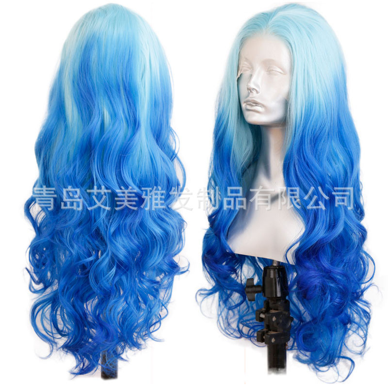 Wig wigs front lace hand hook Women's Mid-length large wave curly hair gradient blue headgear factory one-piece delivery