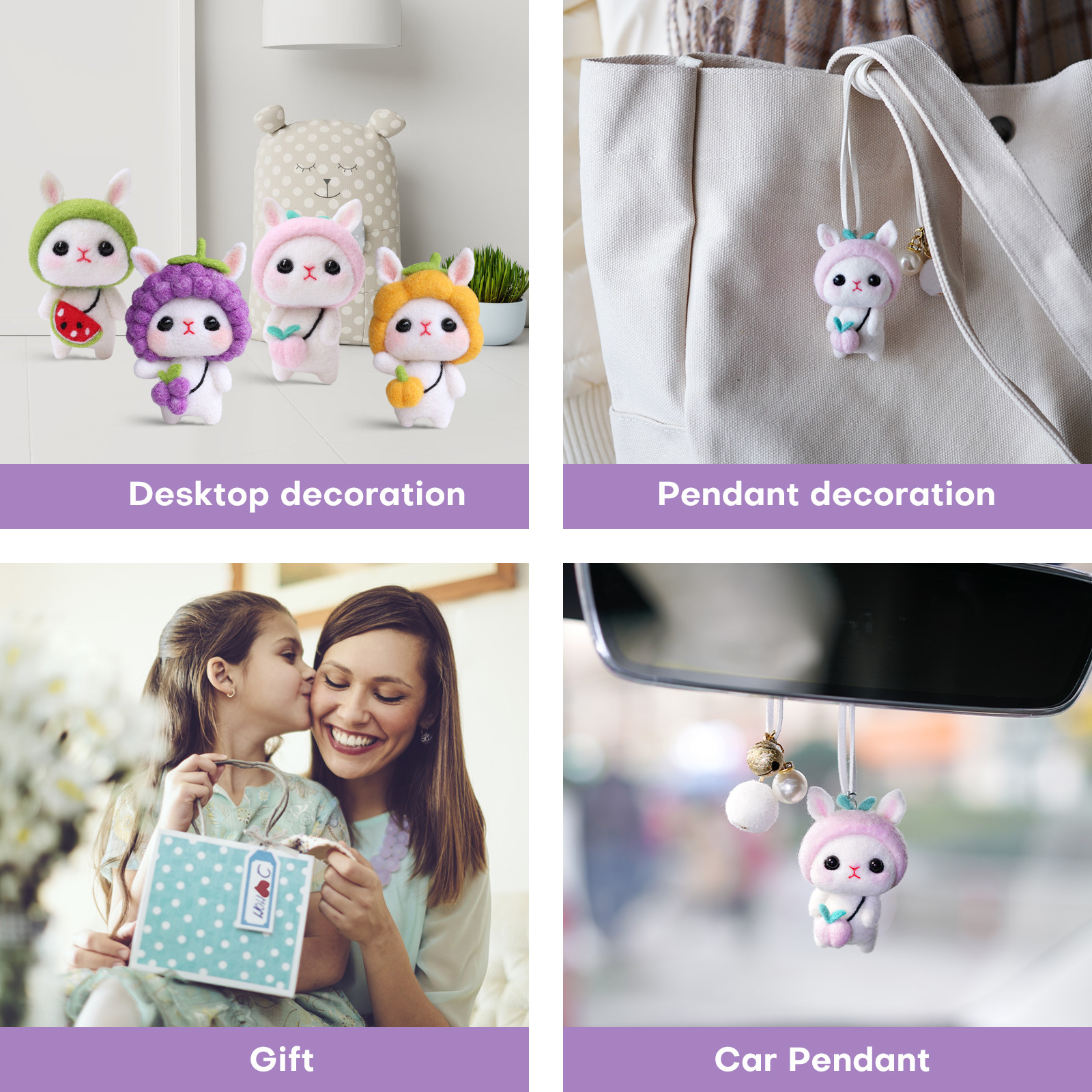 Cute Rabbit Doll Pendant Handmade Diy Wool Felt Poking Fun Material Package 4 Packs_voghion.com