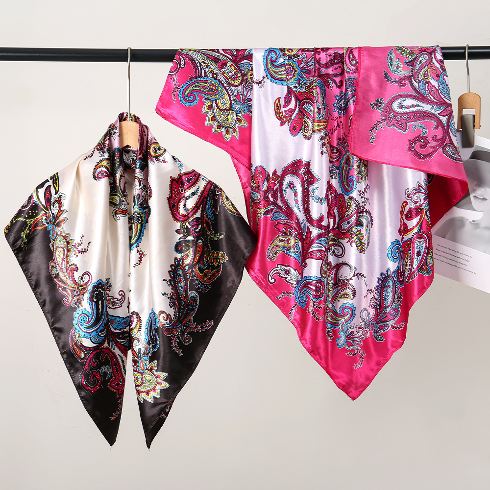 Moda y elegancia 90 satén bufanda cuadrada grande protección solar playa bufanda de seda chal patrón de flor de anacardo de doble uso collar de cinta mujer